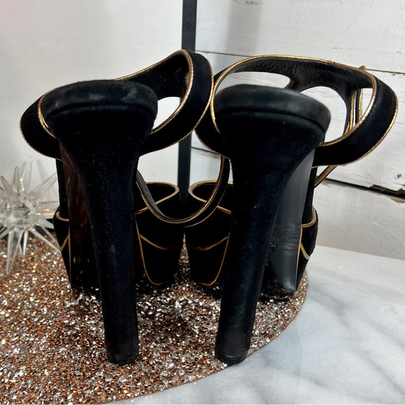 Gucci Black Suede w/ Gold Piping Huston Ankle Strap Platform Pumps - Picture 3 of 10